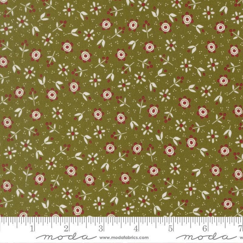 Image of Chilly Christmas Flowers Pine quilting cotton fabric by Sweetwater for Moda Fabrics. Features flowers on a green background. Cute Little Fabric Shop.