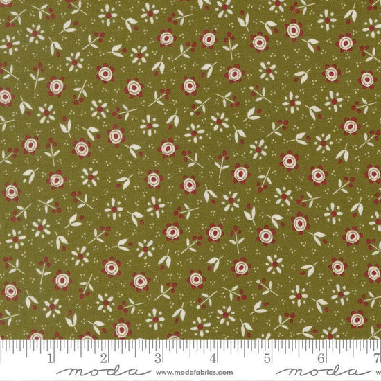 Image of Chilly Christmas Flowers Pine quilting cotton fabric by Sweetwater for Moda Fabrics. Features flowers on a green background. Cute Little Fabric Shop.