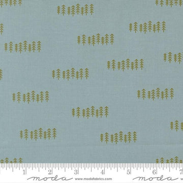 Image of Chilly The Forest Storm quilting cotton fabric by Sweetwater for Moda Fabrics. Features trees on a blue background. Cute Little Fabric Shop.