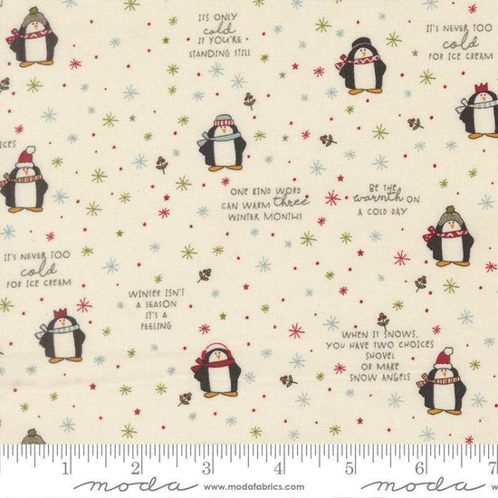 Image of Chilly Mr Penguin quilting cotton fabric by Sweetwater for Moda Fabrics. Features penguins on a cream background. Cute Little Fabric Shop.