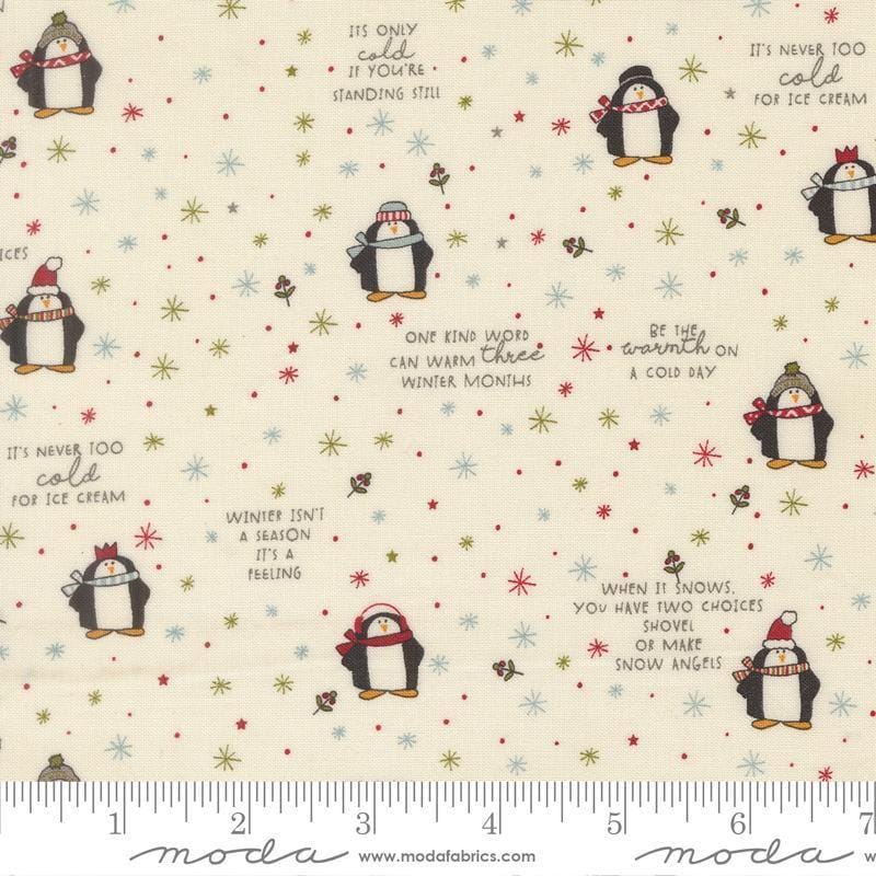 Image of Chilly Mr Penguin quilting cotton fabric by Sweetwater for Moda Fabrics. Features penguins on a cream background. Cute Little Fabric Shop.
