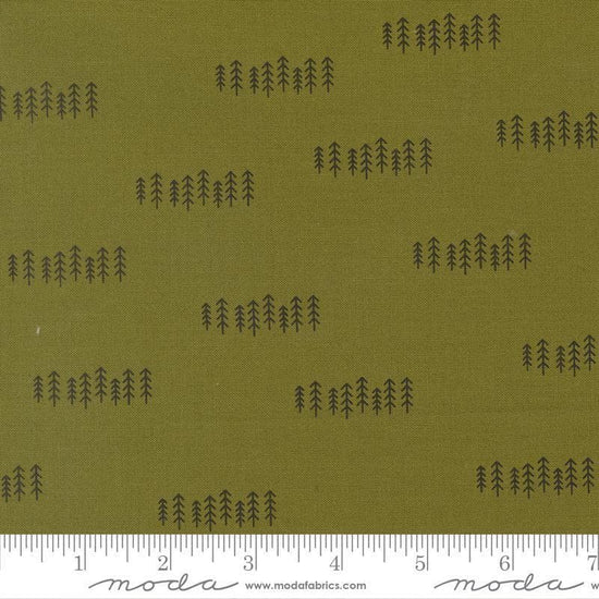 Image of Chilly The Forest Pine quilting cotton fabric by Sweetwater for Moda Fabrics. Features trees on a green background. Cute Little Fabric Shop.