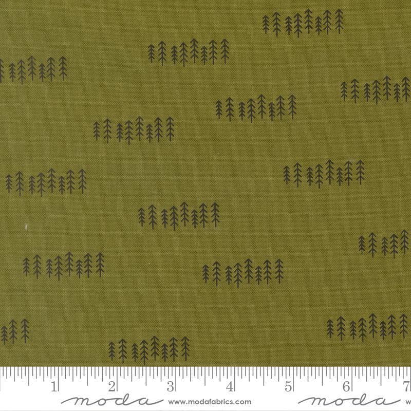 Image of Chilly The Forest Pine quilting cotton fabric by Sweetwater for Moda Fabrics. Features trees on a green background. Cute Little Fabric Shop.