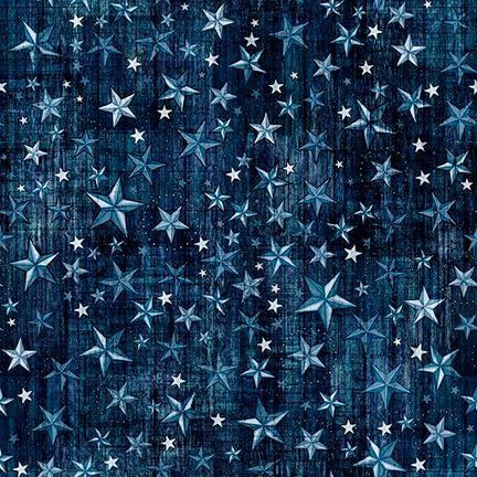 Image of American Country Stars Navy quilting cotton fabric by Morris Creative Group for QT Fabrics. Features stars on a blue background. Cute Little Fabric Shop.