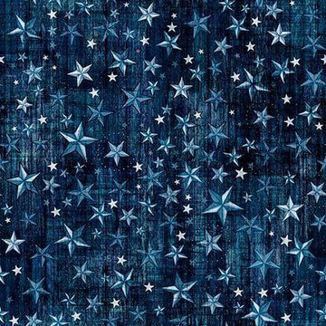 Image of American Country Stars Navy quilting cotton fabric by Morris Creative Group for QT Fabrics. Features stars on a blue background. Cute Little Fabric Shop.