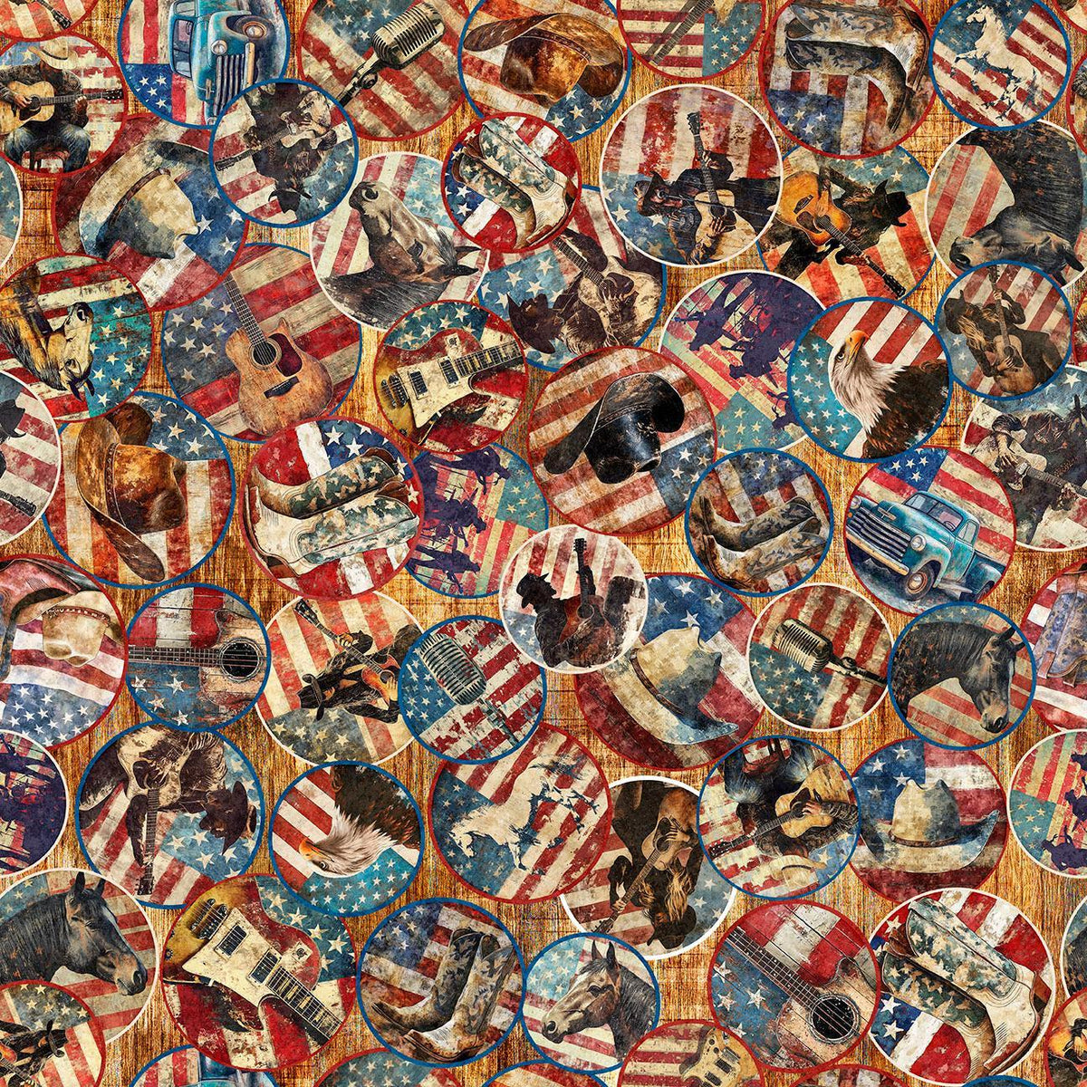 Image of American Country Vignettes Rust quilting cotton fabric by Morris Creative Group for QT Fabrics. Features patriotic icons on a brown background. Cute Little Fabric Shop.