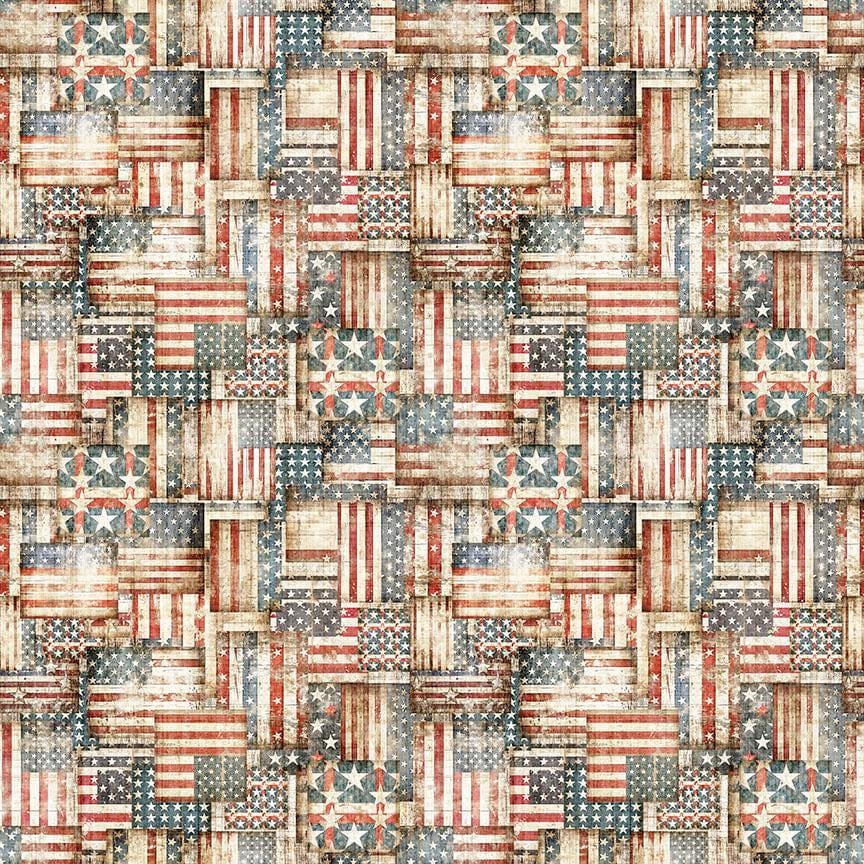 Image of American Country Flap Patchwork Cream quilting cotton fabric by Morris Creative Group for QT Fabrics. Features american flags on a cream background. Cute Little Fabric Shop.