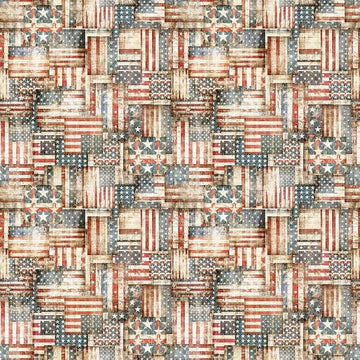 Image of American Country Flap Patchwork Cream quilting cotton fabric by Morris Creative Group for QT Fabrics. Features american flags on a cream background. Cute Little Fabric Shop.