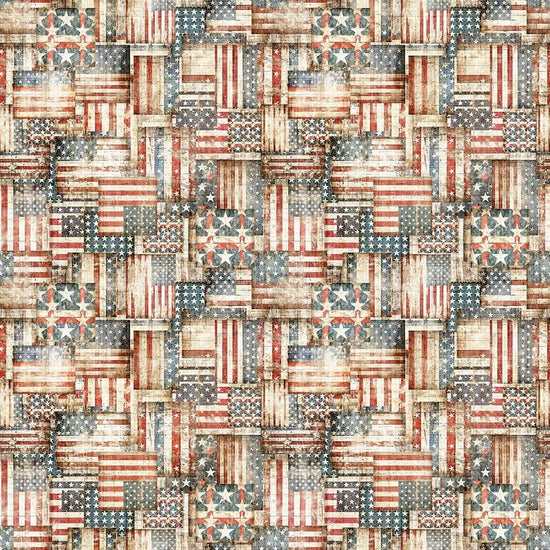 Image of American Country Flap Patchwork Cream quilting cotton fabric by Morris Creative Group for QT Fabrics. Features american flags on a cream background. Cute Little Fabric Shop.