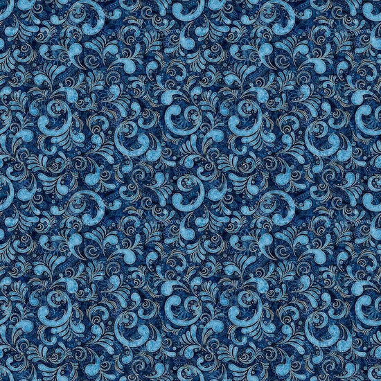 Image of American Country Scrolls Blue quilting cotton fabric by Morris Creative Group for QT Fabrics. Features swirls on a blue background. Cute Little Fabric Shop.