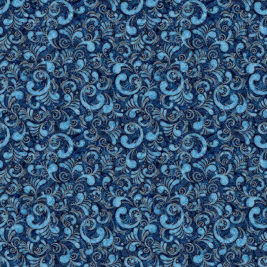 Image of American Country Scrolls Blue quilting cotton fabric by Morris Creative Group for QT Fabrics. Features swirls on a blue background. Cute Little Fabric Shop.
