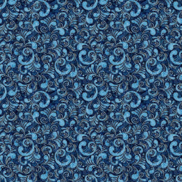 Image of American Country Scrolls Blue quilting cotton fabric by Morris Creative Group for QT Fabrics. Features swirls on a blue background. Cute Little Fabric Shop.