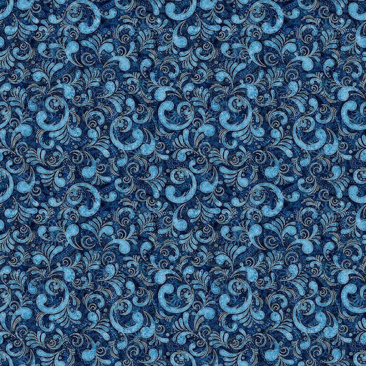 Image of American Country Scrolls Blue quilting cotton fabric by Morris Creative Group for QT Fabrics. Features swirls on a blue background. Cute Little Fabric Shop.