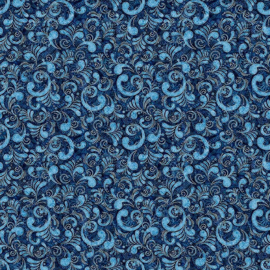 Image of American Country Scrolls Blue quilting cotton fabric by Morris Creative Group for QT Fabrics. Features swirls on a blue background. Cute Little Fabric Shop.