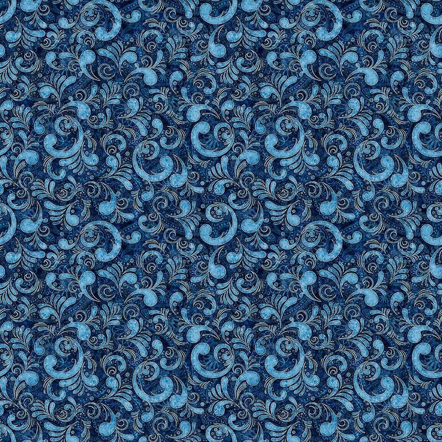 Image of American Country Scrolls Blue quilting cotton fabric by Morris Creative Group for QT Fabrics. Features swirls on a blue background. Cute Little Fabric Shop.