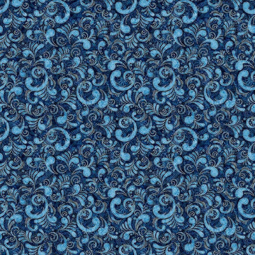 Image of American Country Scrolls Blue quilting cotton fabric by Morris Creative Group for QT Fabrics. Features swirls on a blue background. Cute Little Fabric Shop.