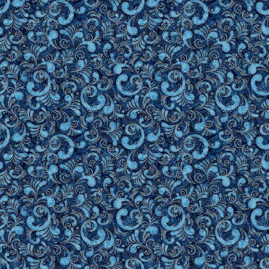 Image of American Country Scrolls Blue quilting cotton fabric by Morris Creative Group for QT Fabrics. Features swirls on a blue background. Cute Little Fabric Shop.