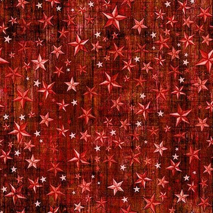 Image of American Country Stars Brick quilting cotton fabric by Morris Creative Group for QT Fabrics. Features stars on a red background. Cute Little Fabric Shop.