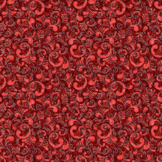 Image of American Country Scrolls Red quilting cotton fabric by Morris Creative Group for QT Fabrics. Features swirls on a red background. Cute Little Fabric Shop.
