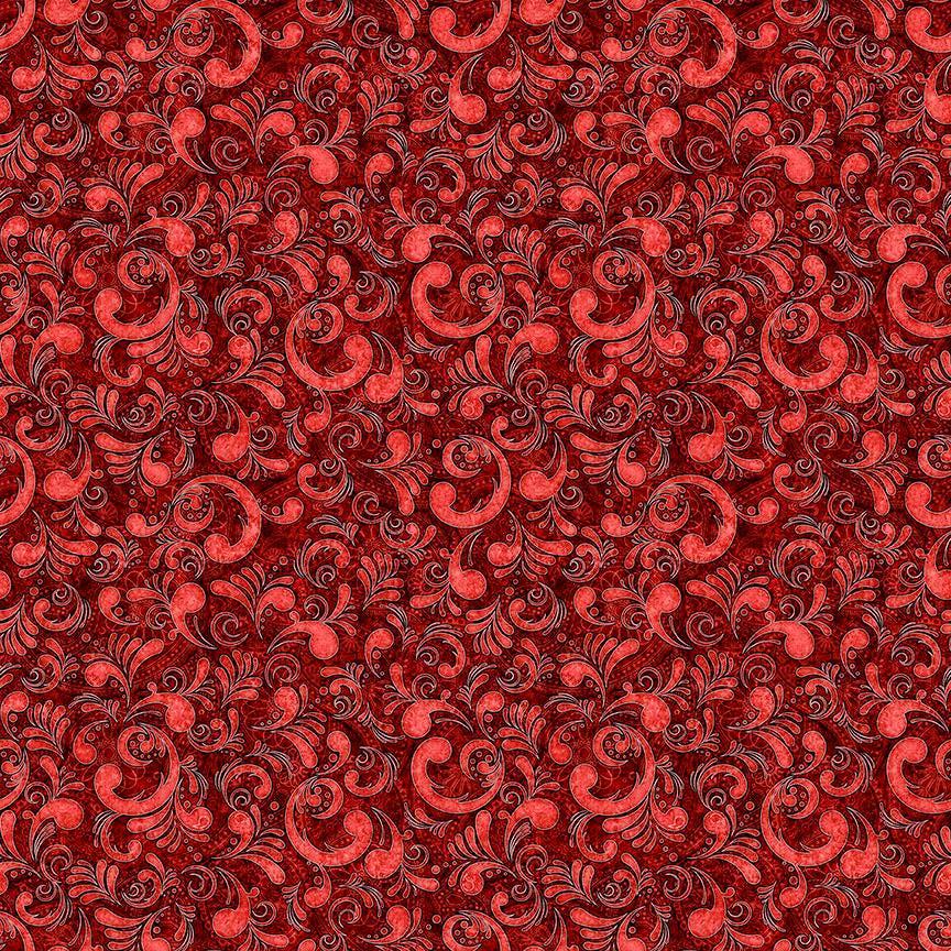 Image of American Country Scrolls Red quilting cotton fabric by Morris Creative Group for QT Fabrics. Features swirls on a red background. Cute Little Fabric Shop.