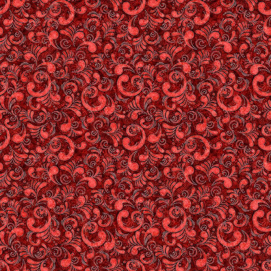 Image of American Country Scrolls Red quilting cotton fabric by Morris Creative Group for QT Fabrics. Features swirls on a red background. Cute Little Fabric Shop.