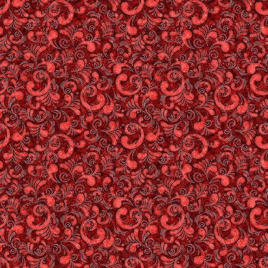 Image of American Country Scrolls Red quilting cotton fabric by Morris Creative Group for QT Fabrics. Features swirls on a red background. Cute Little Fabric Shop.