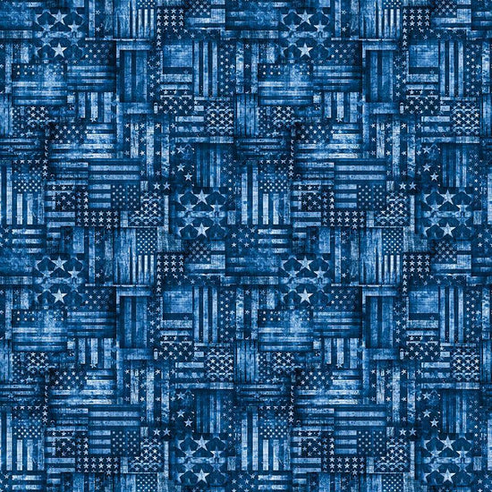 Image of American Country Flag Patchwork Blue quilting cotton fabric by Morris Creative Group for QT Fabrics. Features american flags on a blue background. Cute Little Fabric Shop.
