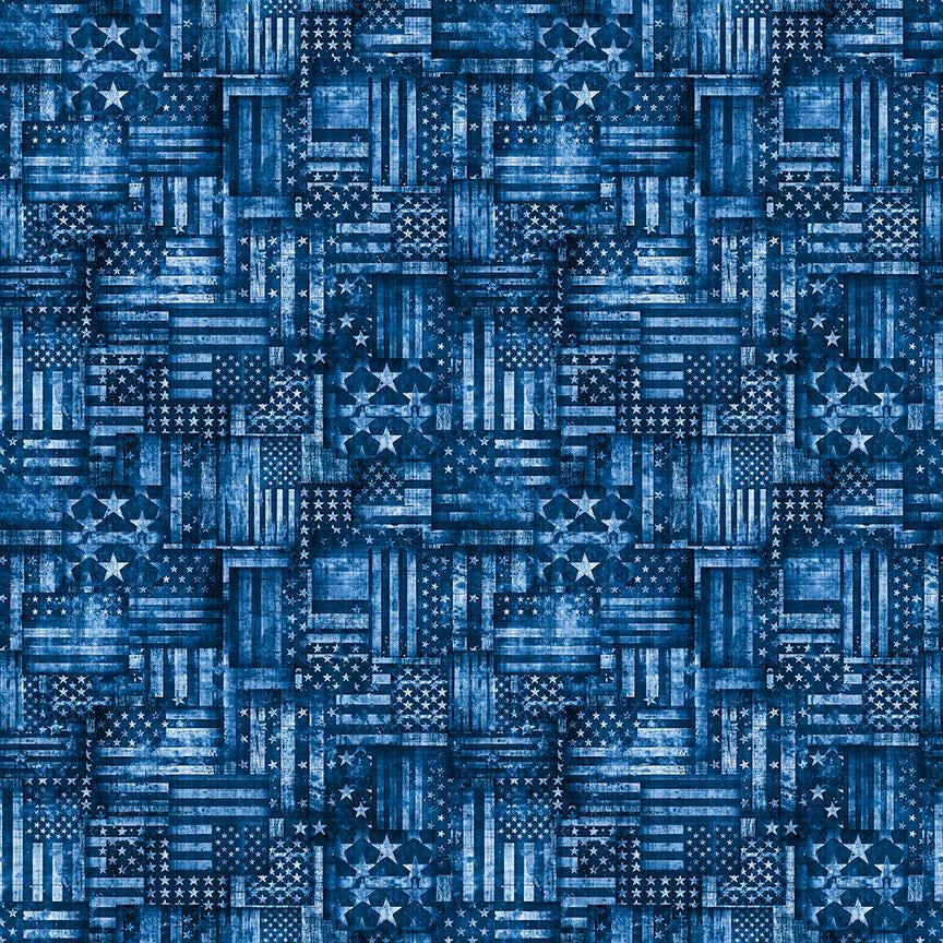 Image of American Country Flag Patchwork Blue quilting cotton fabric by Morris Creative Group for QT Fabrics. Features american flags on a blue background. Cute Little Fabric Shop.