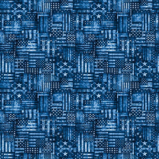 Image of American Country Flag Patchwork Blue quilting cotton fabric by Morris Creative Group for QT Fabrics. Features american flags on a blue background. Cute Little Fabric Shop.