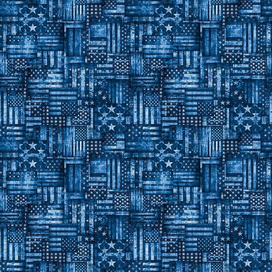 Image of American Country Flag Patchwork Blue quilting cotton fabric by Morris Creative Group for QT Fabrics. Features american flags on a blue background. Cute Little Fabric Shop.
