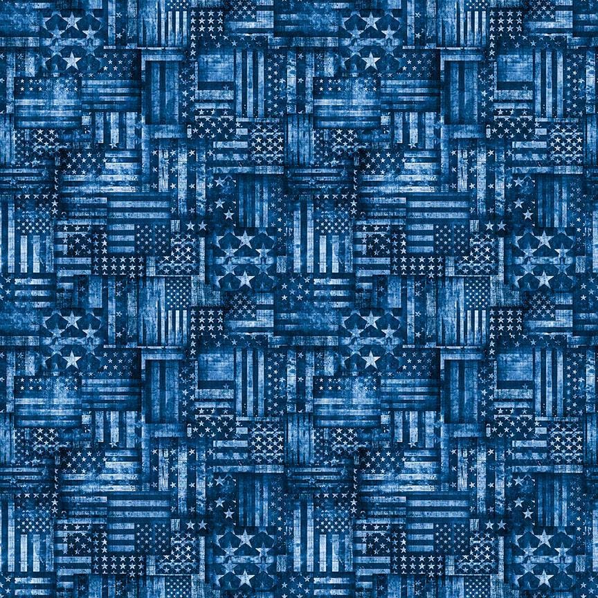 Image of American Country Flag Patchwork Blue quilting cotton fabric by Morris Creative Group for QT Fabrics. Features american flags on a blue background. Cute Little Fabric Shop.