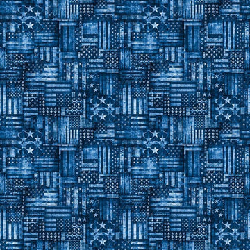 Image of American Country Flag Patchwork Blue quilting cotton fabric by Morris Creative Group for QT Fabrics. Features american flags on a blue background. Cute Little Fabric Shop.
