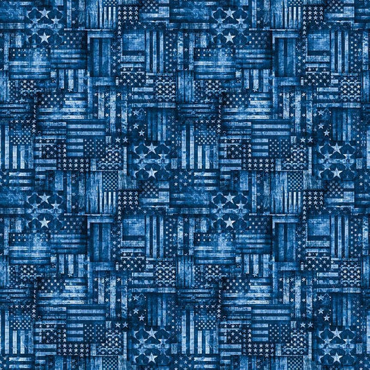 Image of American Country Flag Patchwork Blue quilting cotton fabric by Morris Creative Group for QT Fabrics. Features american flags on a blue background. Cute Little Fabric Shop.