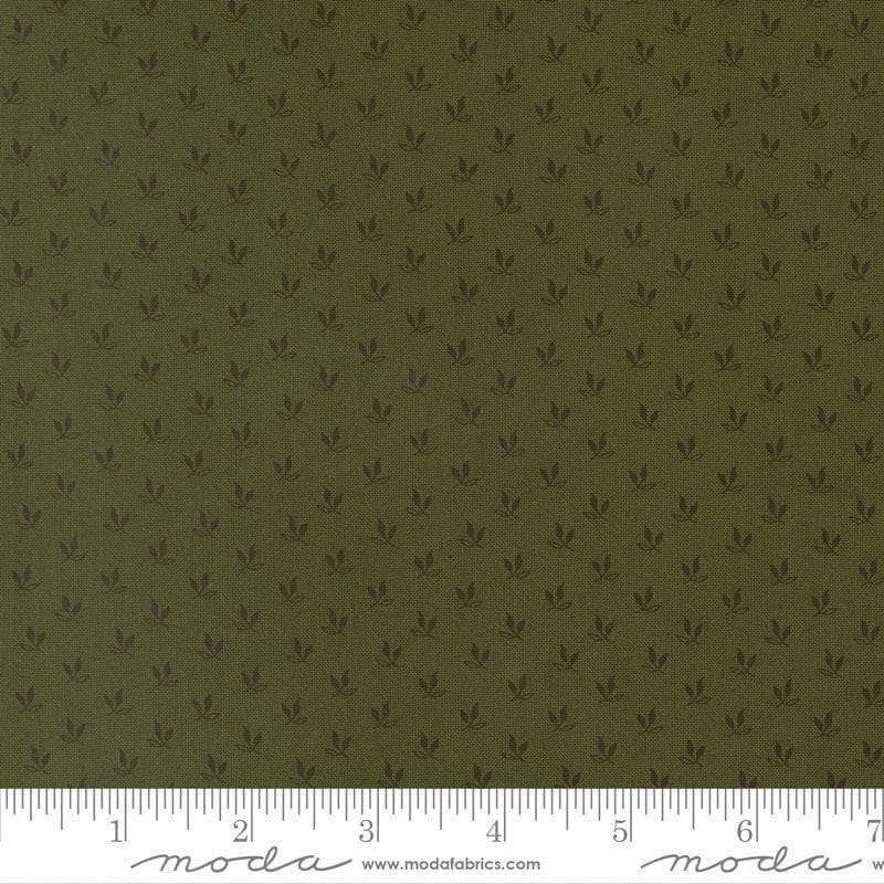 Image of Joyful Gatherings II Leaf Sprig Evergreen quilting cotton fabric by Primitive Gatherings for Moda Fabrics. Features leaves on a green background. Cute Little Fabric Shop.