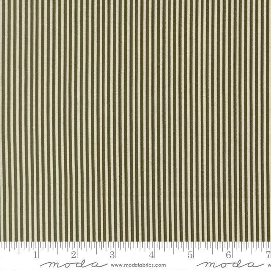Image of Joyful Gatherings II Peppermint Stripe Cloud Evergreen quilting cotton fabric by Primitive Gatherings for Moda Fabrics. Features stripes on a green background. Cute Little Fabric Shop.