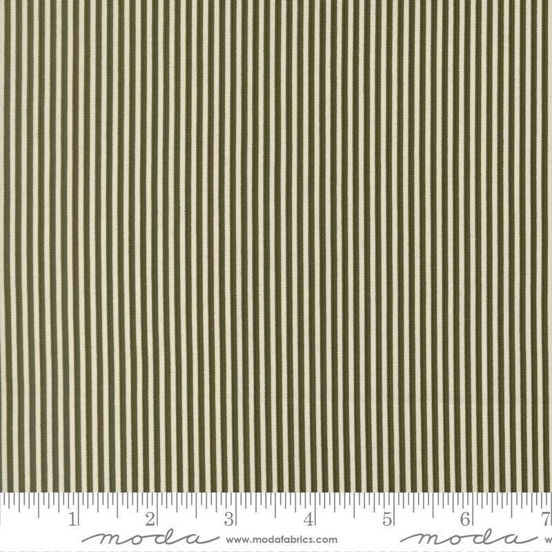 Image of Joyful Gatherings II Peppermint Stripe Cloud Evergreen quilting cotton fabric by Primitive Gatherings for Moda Fabrics. Features stripes on a green background. Cute Little Fabric Shop.