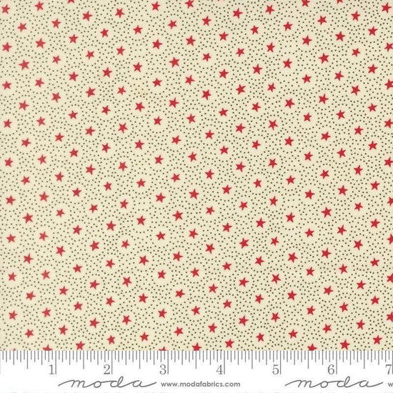 Image of Joyful Gatherings II Circle of Stars Cloud quilting cotton fabric by Primitive Gatherings for Moda Fabrics. Features stars and dots on a cream background. Cute Little Fabric Shop.