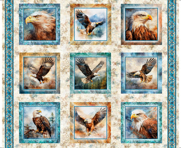 Skyward Eagle Picture Patches Panel Oatmeal Cream Bird Fabric - 32005 - QT Fabrics Quilting Cotton Fabric