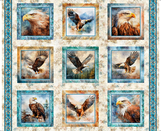 Skyward Eagle Picture Patches Panel Oatmeal Cream Bird Fabric - 32005 - QT Fabrics Quilting Cotton Fabric