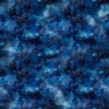 Image of Skyward Night Sky Midnight quilting cotton fabric by Morris Creative Group for QT Fabrics. Features stars on a blue background. Cute Little Fabric Shop.