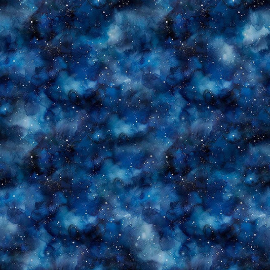 Image of Skyward Night Sky Midnight quilting cotton fabric by Morris Creative Group for QT Fabrics. Features stars on a blue background. Cute Little Fabric Shop.