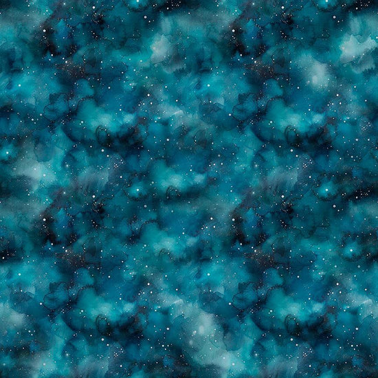 Image of Skyward Night Sky Teal quilting cotton fabric by Morris Creative Group for QT Fabrics. Features stars on a blue background. Cute Little Fabric Shop.
