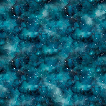 Image of Skyward Night Sky Teal quilting cotton fabric by Morris Creative Group for QT Fabrics. Features stars on a blue background. Cute Little Fabric Shop.