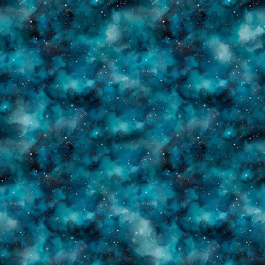Image of Skyward Night Sky Teal quilting cotton fabric by Morris Creative Group for QT Fabrics. Features stars on a blue background. Cute Little Fabric Shop.