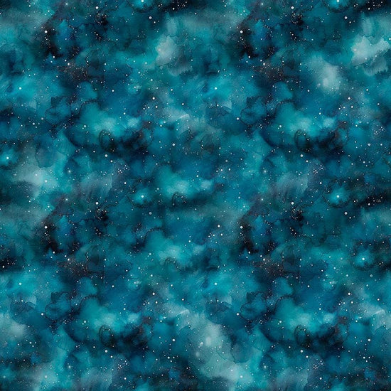 Image of Skyward Night Sky Teal quilting cotton fabric by Morris Creative Group for QT Fabrics. Features stars on a blue background. Cute Little Fabric Shop.