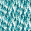 Image of Skyward Trees Teal quilting cotton fabric by Morris Creative Group for QT Fabrics. Features trees on a blue background. Cute Little Fabric Shop.