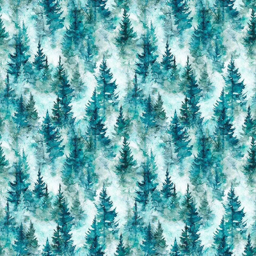 Image of Skyward Trees Teal quilting cotton fabric by Morris Creative Group for QT Fabrics. Features trees on a blue background. Cute Little Fabric Shop.