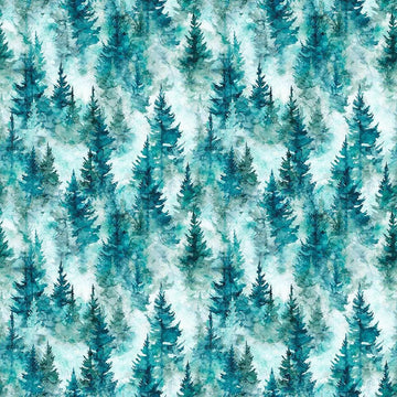 Image of Skyward Trees Teal quilting cotton fabric by Morris Creative Group for QT Fabrics. Features trees on a blue background. Cute Little Fabric Shop.