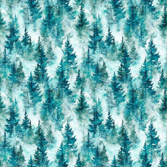 Image of Skyward Trees Teal quilting cotton fabric by Morris Creative Group for QT Fabrics. Features trees on a blue background. Cute Little Fabric Shop.