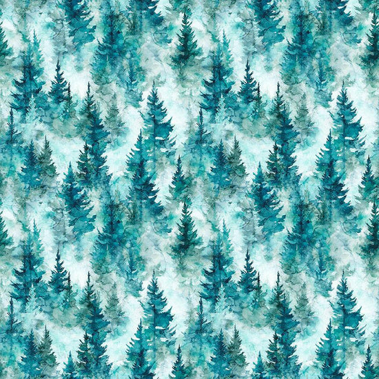 Image of Skyward Trees Teal quilting cotton fabric by Morris Creative Group for QT Fabrics. Features trees on a blue background. Cute Little Fabric Shop.